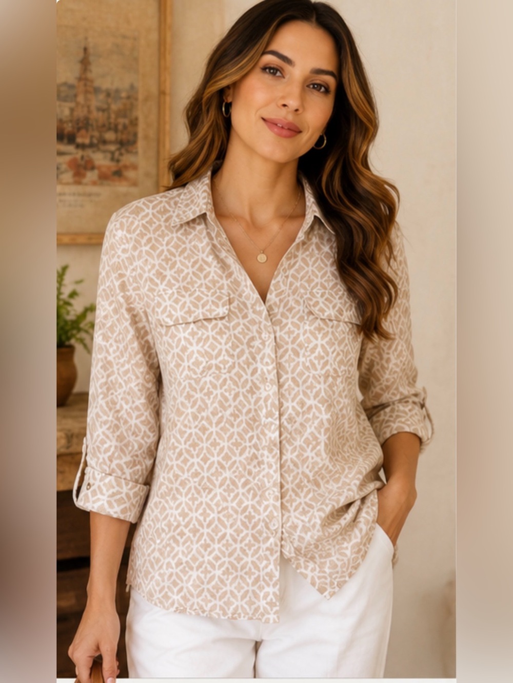 Charter Club Luxury 100% Linen Beige Geometric Roll Tab Button Up‎ Shirt M